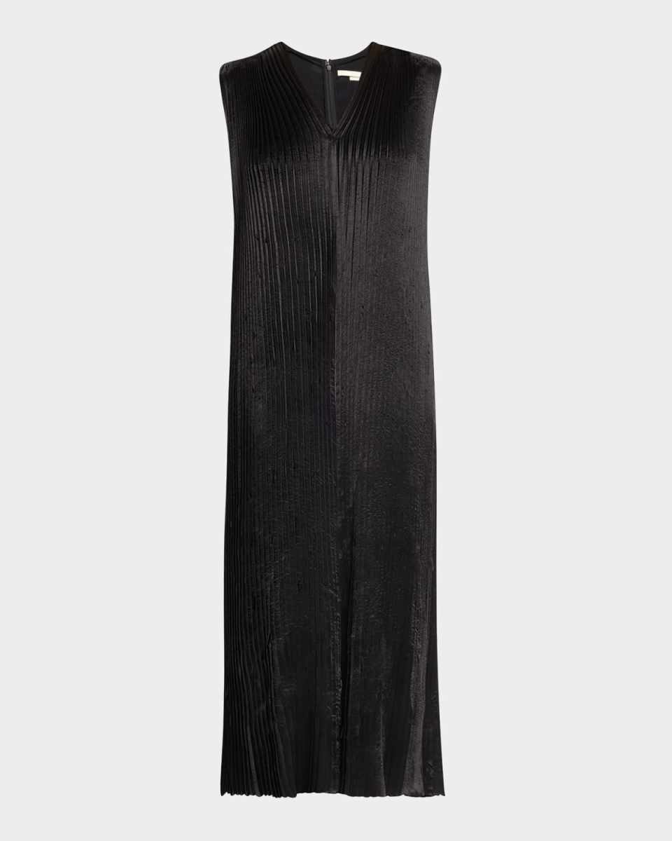 Pleated Satin Laser-Cut Trapeze Dress